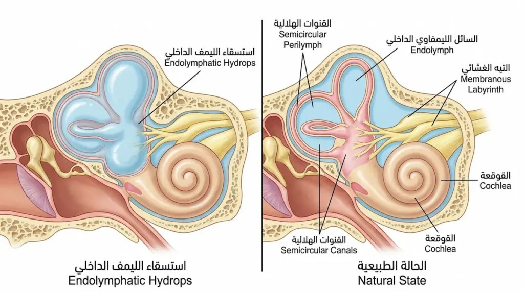 رسم تشريحي مقارن يُظهر مقطعاً عرضياً للأذن الداخلية في الحالة الطبيعية على اليمين مع حجم طبيعي للتيه الغشائي، وفي حالة استسقاء الليمف الداخلي على اليسار مع انتفاخ التيه الغشائي بسبب تراكم السائل الليمفاوي الداخلي