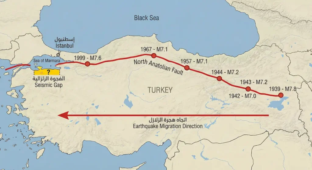 خريطة تُظهر تسلسل الزلازل الكبرى على صدع الأناضول الشمالي من 1939 إلى 1999 مع اتجاه هجرتها غرباً نحو الفجوة الزلزالية في بحر مرمرة قرب إسطنبول