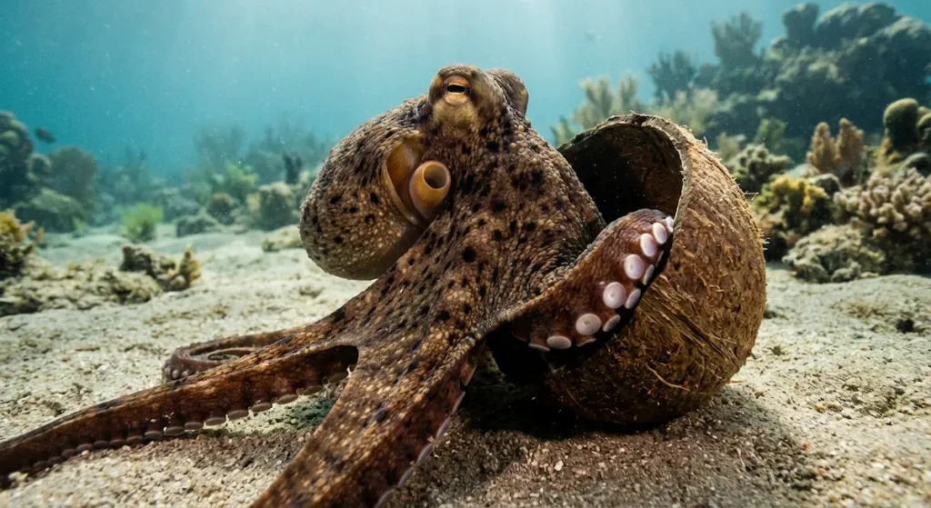 صورة تحت الماء لأخطبوط بني مُرقّط يمسك بإحدى أذرعه نصف صدفة جوز هند يستخدمها كمخبأ متنقل على قاع بحري رملي وعيناه تنظران نحو الكاميرا بتركيز