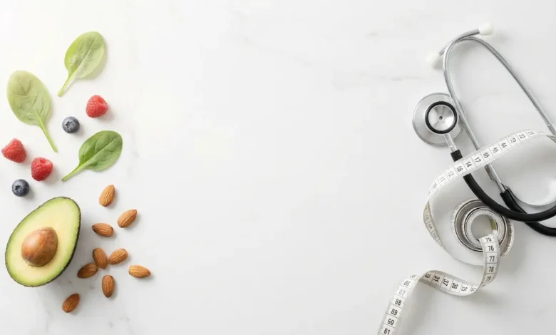 النص البديل: صورة خلفية احترافية تجمع بين أدوات القياس الطبية ومكونات الغذاء الصحي الطبيعي، تعبيراً عن التغذية العلاجية لصفحة الدكتورة علا الأحمد في موسوعة خلية.