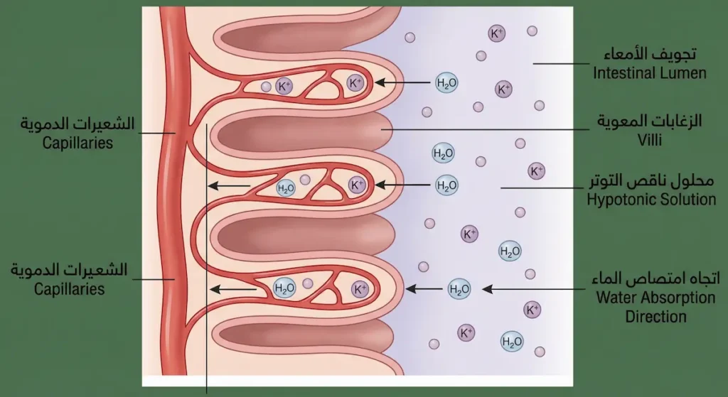 رسم توضيحي علمي يُظهر آلية امتصاص الماء والمعادن من محلول ناقص التوتر عبر الزغابات المعوية إلى الشعيرات الدموية