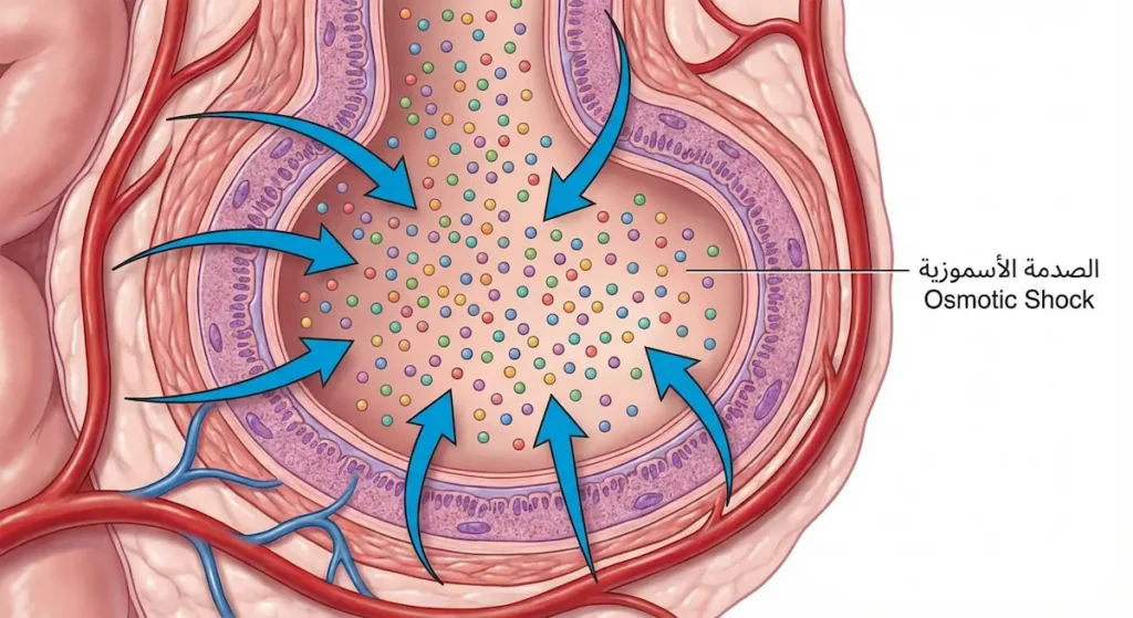 رسم توضيحي لمقطع في جدار الأمعاء يُظهر انتقال الماء من الأنسجة نحو التجويف المعوي بسبب تركيز السكر العالي