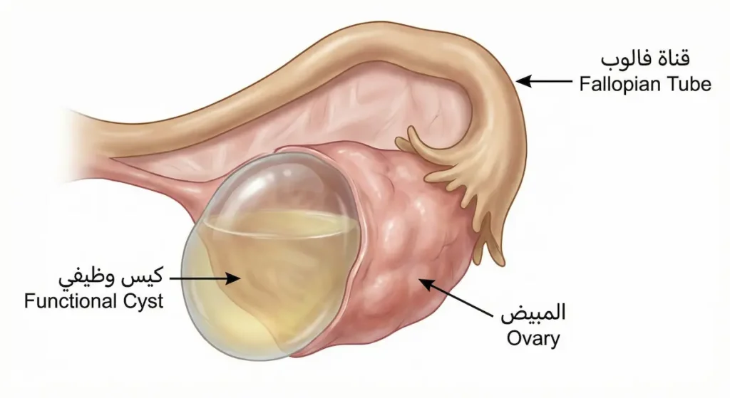 رسم طبي يُظهر المبيض وعليه كيس وظيفي كبير مملوء بسائل مع قناة فالوب المتصلة به