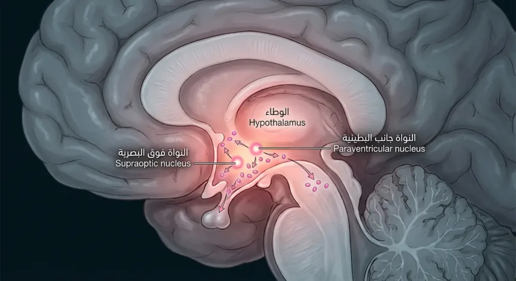 مقطع دماغي يُظهر منطقة الوطاء حيث يُفرز هرمون الأوكسيتوسين المسؤول عن الثقة والتعلق