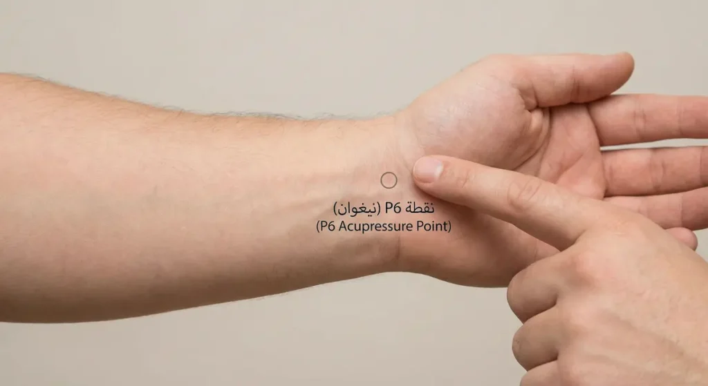 صورة تُظهر موقع نقطة الضغط الإبري P6 على الساعد الداخلي على بُعد ثلاثة أصابع من المعصم مع إصبع يضغط عليها لتخفيف الغثيان
