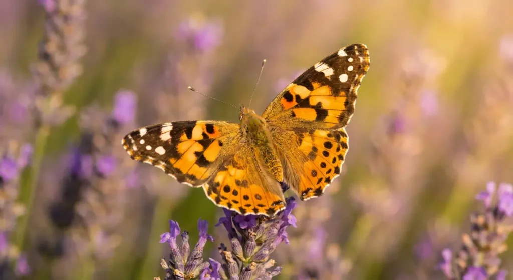 فراشة السيدة الملونة برتقالية وسوداء مع بقع بيضاء تحط على زهرة لافندر