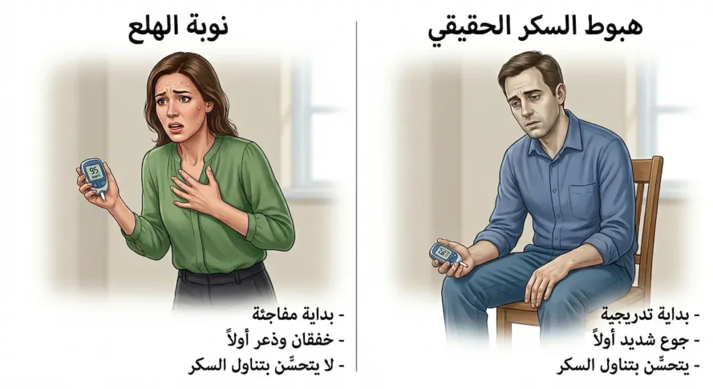 مقارنة بصرية بين هبوط السكر الحقيقي على اليمين بقراءة 60 mg/dL ونوبة الهلع على اليسار بقراءة 95 mg/dL مع الفروقات الرئيسية لكل حالة
