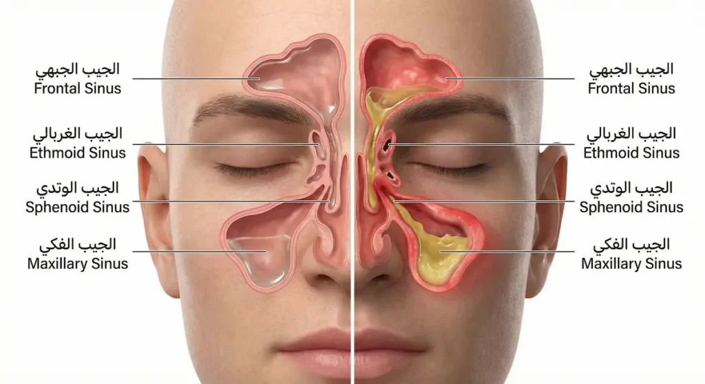 مقطع تشريحي جانبي للرأس يوضح الجيوب الأنفية الأربعة ومقارنة بين حالتها الطبيعية وحالة الجفاف