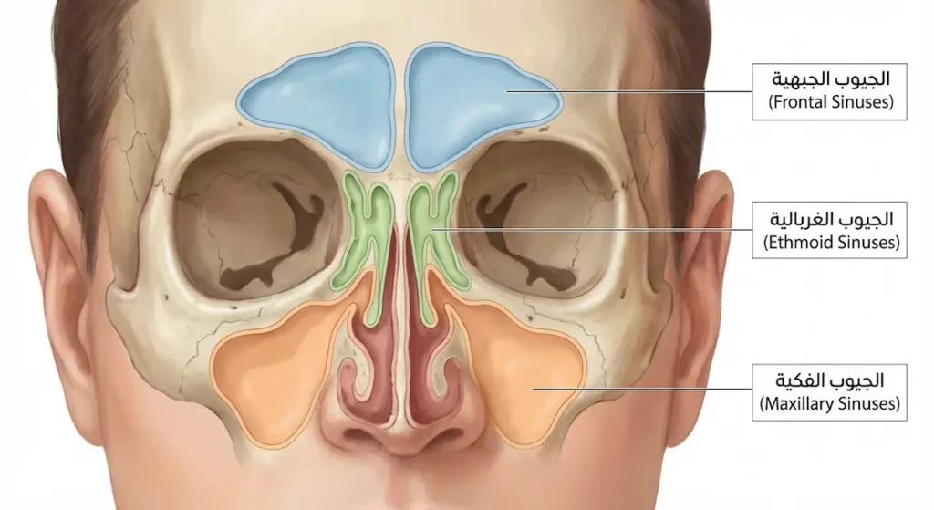 رسم توضيحي تشريحي يُظهر مقطعاً أمامياً لوجه إنسان مع تحديد مواقع الجيوب الجبهية والغربالية والفكية بألوان مختلفة