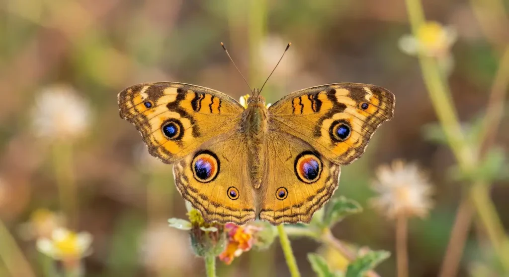 فراشة الطاووس بنية ذهبية مع بقع دائرية ملونة تشبه عيون ريش الطاووس