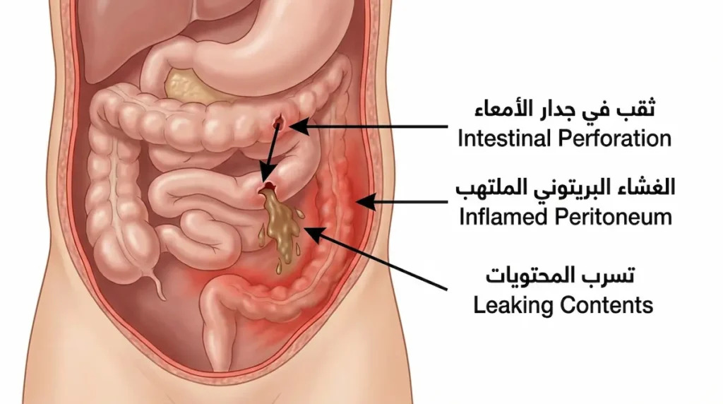 رسم تشريحي يوضح ثقباً في جدار الأمعاء يتسرب منه محتويات الجهاز الهضمي إلى التجويف البريتوني مسبباً التهاب الغشاء البريتوني
