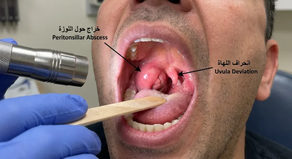 صورة سريرية تُظهر خراجاً حول اللوزة مع تورم أحادي الجانب وانحراف اللهاة