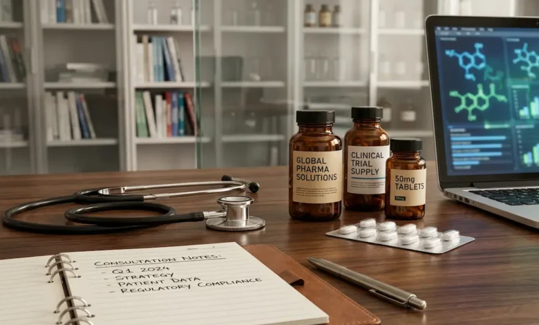 صورة غلاف مكتب مستشار دوائي بتصميم واقعي تضم سماعة طبية وأدوية ودفتر ملاحظات، خلفية للموقع الطبي