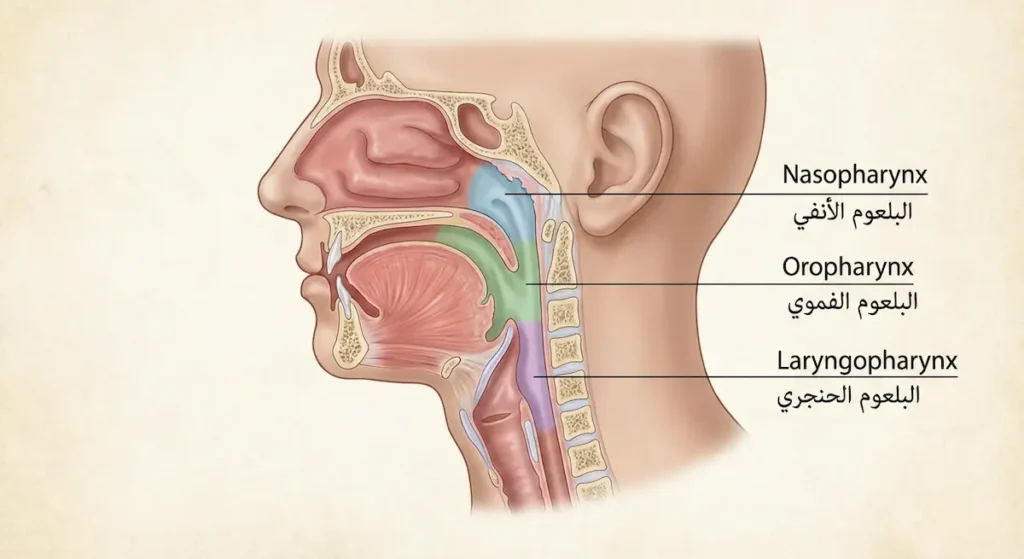 مقطع تشريحي جانبي يوضح أجزاء البلعوم الثلاثة البلعوم الأنفي والفموي والحنجري