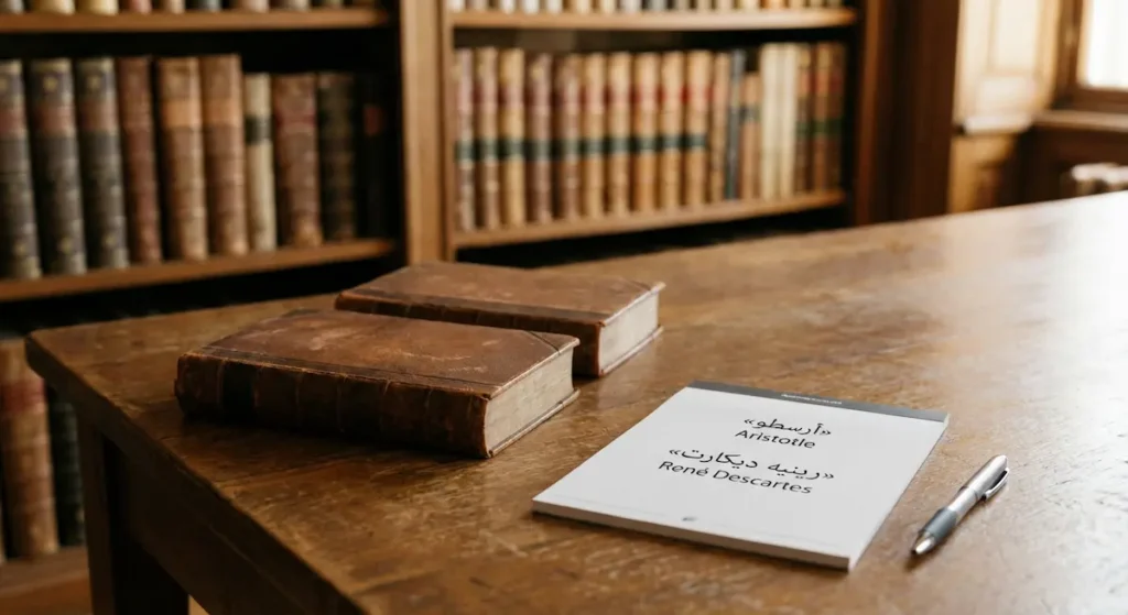 طاولة كتب تُظهر ورقة ملاحظات تحمل اسمي «أرسطو» و«رينيه ديكارت» كجذور للفكر التحليلي