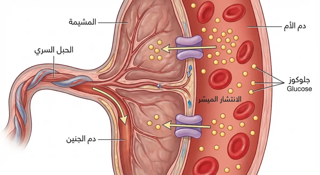  رسم تشريحي للمشيمة يوضح كيف ينتقل الجلوكوز من دم الأم إلى دم الجنين عبر الانتشار الميسَّر