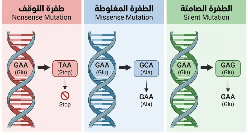 رسم توضيحي يقارن بين الطفرة الصامتة والطفرة المغلوطة وطفرة التوقف مع تأثير كل منها على البروتين الناتج