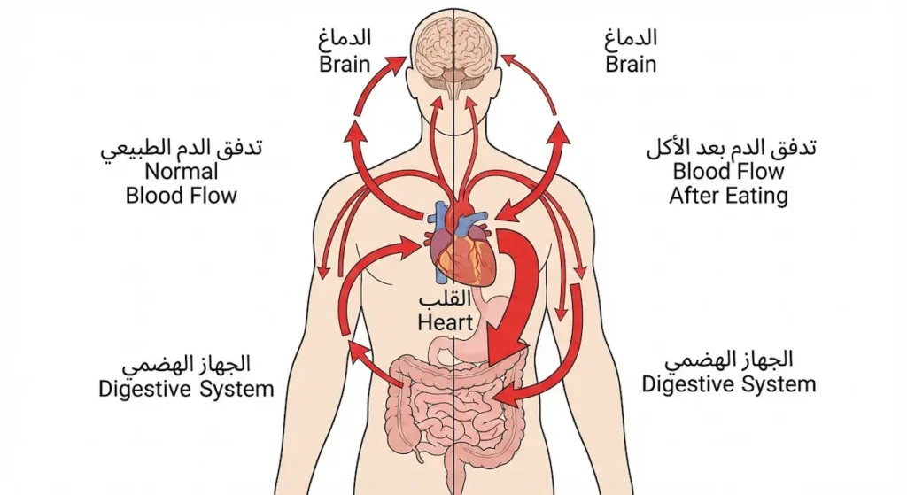  رسم يوضح تحول تدفق الدم من الدماغ نحو الجهاز الهضمي بعد تناول وجبة دسمة