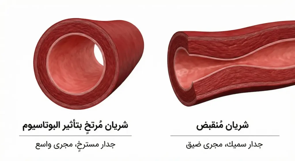 رسم توضيحي طبي يُقارن بين شريان مُنقبض وشريان مُرتخٍ بتأثير البوتاسيوم الموجود في التمر الهندي مع توضيح الفرق في مجرى الدم