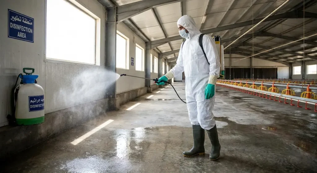 عامل يرتدي بدلة حماية كاملة وقناعاً وقفازات يقوم برش مطهر داخل عنبر دواجن فارغ كإجراء تطهير شامل ضمن بروتوكول الأمان الحيوي