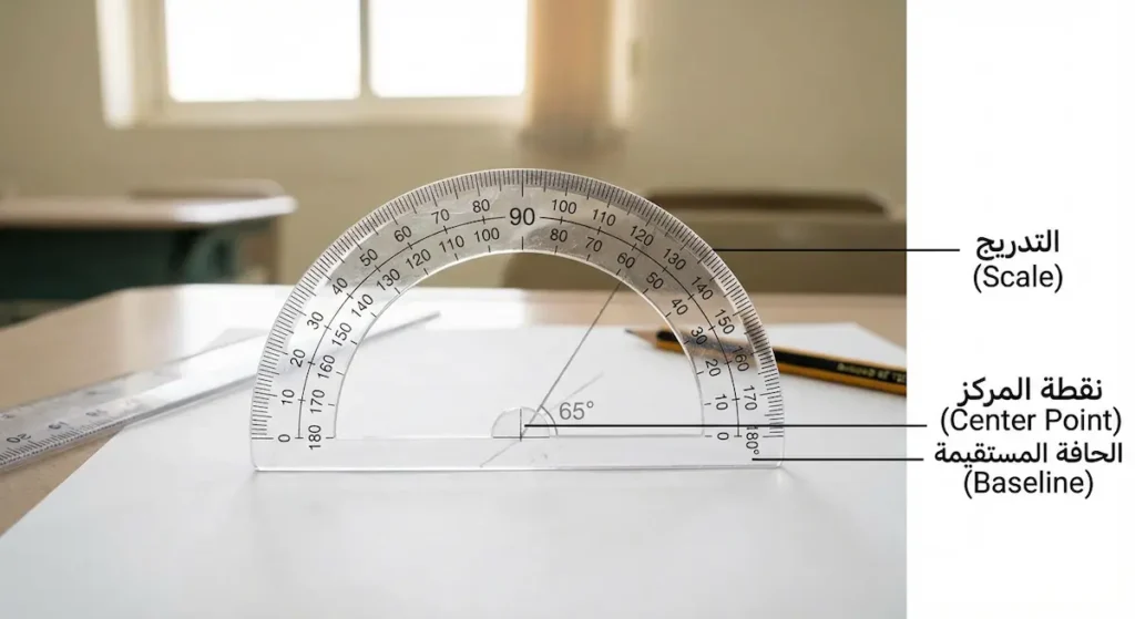 صورة واقعية لمنقلة شفافة نصف دائرية موضوعة على ورقة لقياس زاوية، مع تسميات توضح نقطة المركز والحافة المستقيمة والتدريج