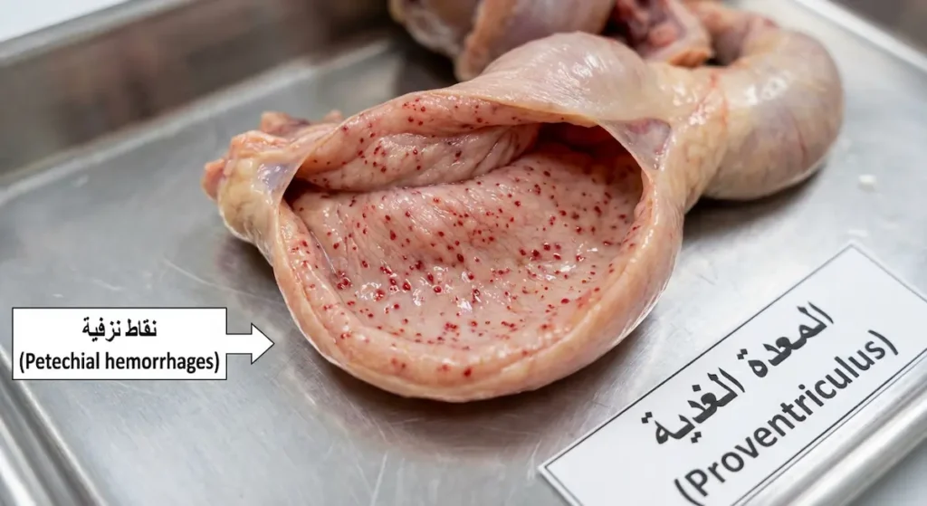  صورة تشريحية للمعدة الغدية لدجاجة مصابة بمرض النيوكاسل تُظهر نزيفاً دقيقاً نقطياً على الغشاء المخاطي وهي علامة تشريحية مميزة للعترات الأحشائية الضارية