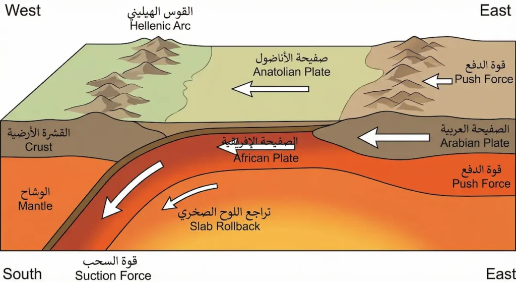 مقطع عرضي توضيحي يُظهر قوة الدفع من الصفيحة العربية شرقاً وقوة السحب الناتجة عن تراجع اللوح الصخري للصفيحة الإفريقية غرباً وتأثيرهما على حركة صفيحة الأناضول