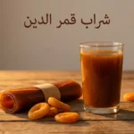 كوب زجاجي من شراب قمر الدين البرتقالي الداكن بجانب لفافة قمر دين وحبات مشمش مجفف على طاولة خشبية بإضاءة طبيعية دافئة