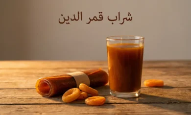 كوب زجاجي من شراب قمر الدين البرتقالي الداكن بجانب لفافة قمر دين وحبات مشمش مجفف على طاولة خشبية بإضاءة طبيعية دافئة