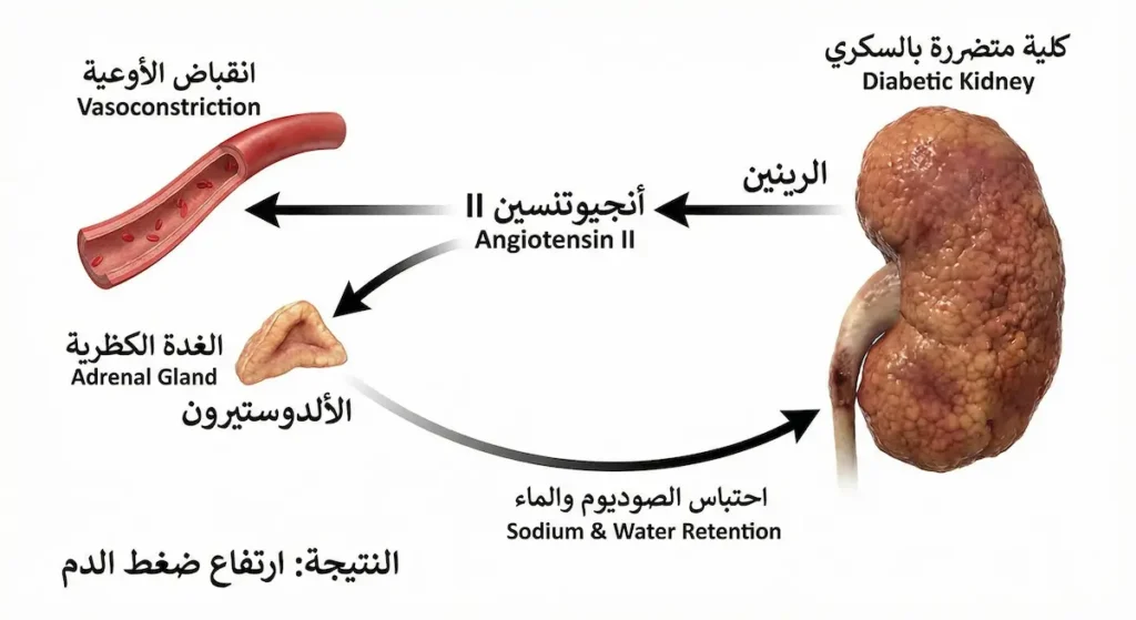 مخطط توضيحي لنظام الرينين أنجيوتنسين الألدوستيرون يوضح كيف تُفرز الكلية المتضررة بالسكري الرينين الذي يؤدي إلى انقباض الأوعية واحتباس الصوديوم وارتفاع ضغط الدم