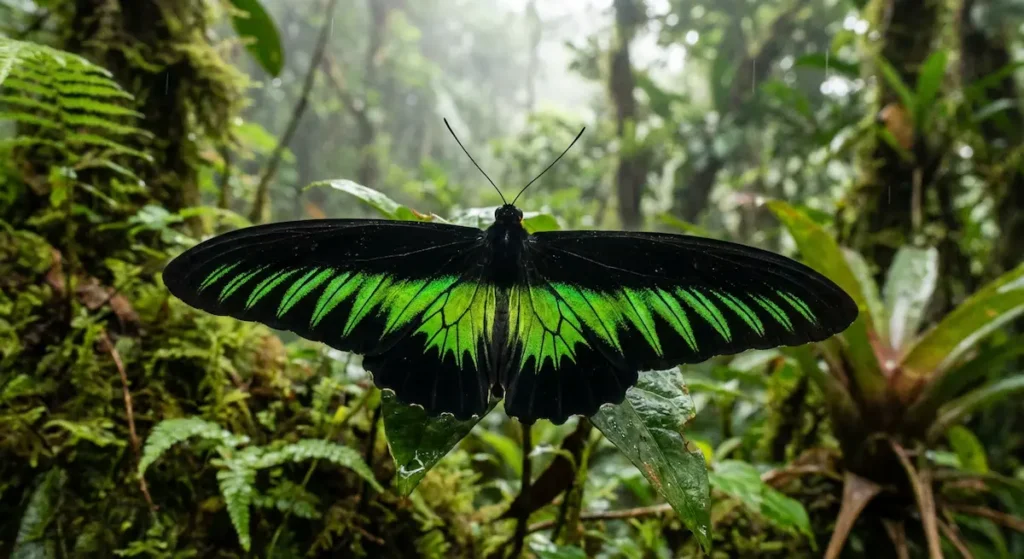 فراشة الطائر الأخضر سوداء اللون مع أشكال هلالية خضراء كهربائية ساطعة