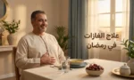 رجل عربي يجلس على مائدة إفطار رمضان بتعبير مريح ويده على بطنه، أمامه تمر وماء وشوربة، مع عنوان "علاج الغازات في رمضان