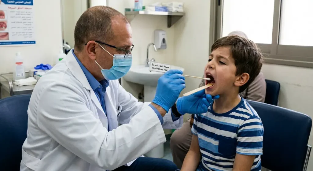 طبيب يأخذ مسحة من حلق طفل لإجراء اختبار المسحة السريعة للبكتيريا العقدية