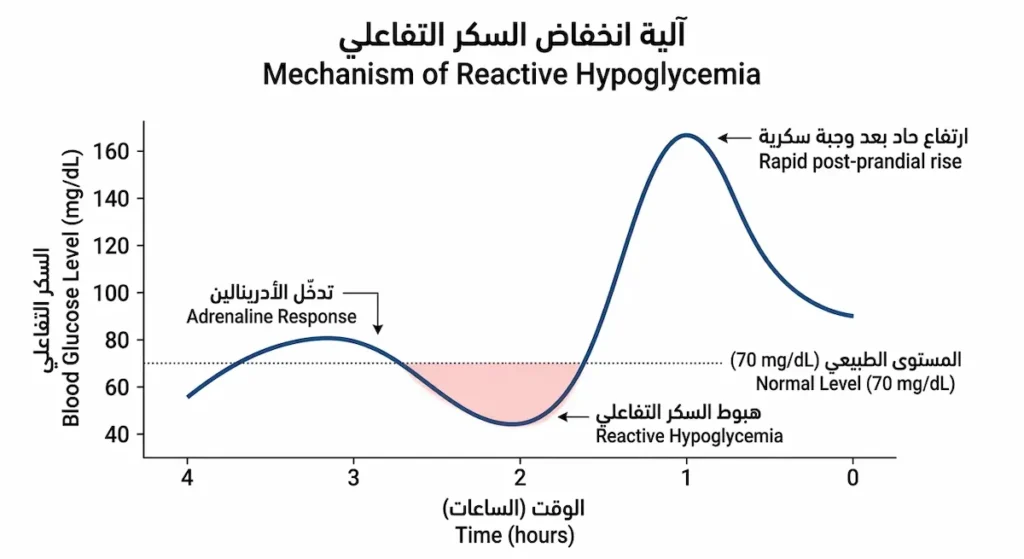 رسم بياني يوضح منحنى مستوى سكر الدم خلال 4 ساعات بعد وجبة سكرية يُظهر الارتفاع الحاد ثم الهبوط التفاعلي ثم تدخل الأدرينالين