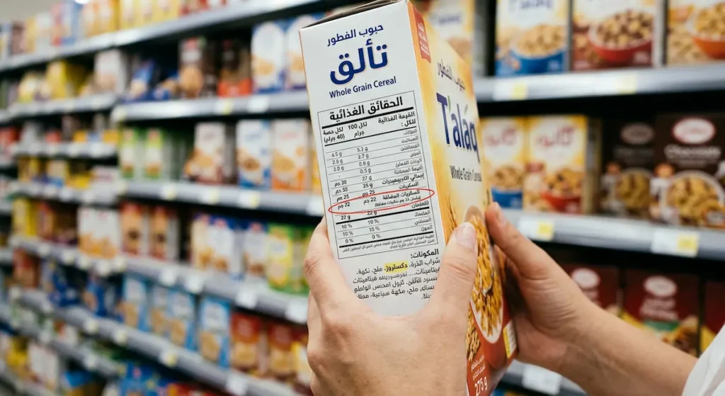 يد تُمسك علبة منتج غذائي وتُظهر الملصق الغذائي الخلفي مع تمييز خانة السكريات المضافة وأسماء السكر المخفي في قائمة المكونات