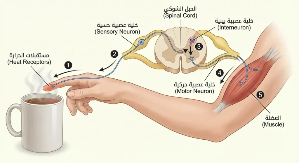 رسم توضيحي يُظهر رحلة السيال العصبي من مستقبلات الحرارة في اليد عبر الخلايا العصبية الحسية والبينية والحركية لسحب اليد من الكوب الساخن