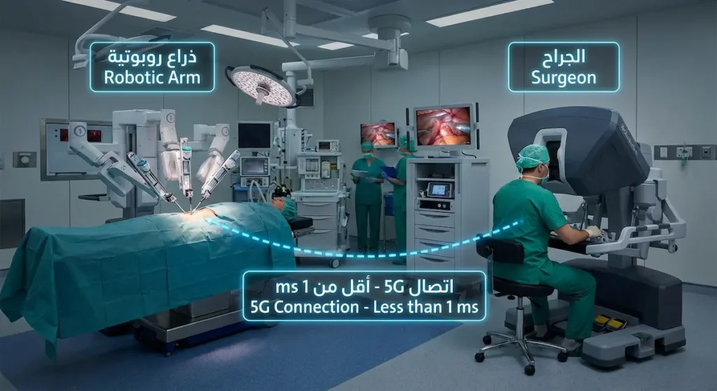 صورة توضيحية لجراح يتحكم في ذراع روبوتية عن بُعد عبر اتصال 5G لإجراء عملية جراحية