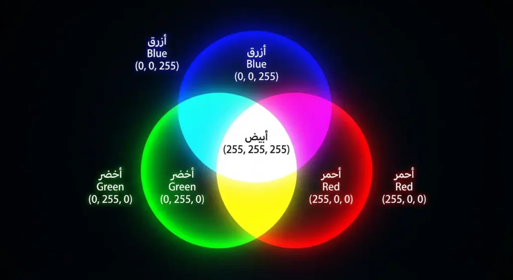 رسم توضيحي لنظام الألوان RGB يُظهر الألوان الأساسية الثلاثة وقيمها الرقمية العشرية