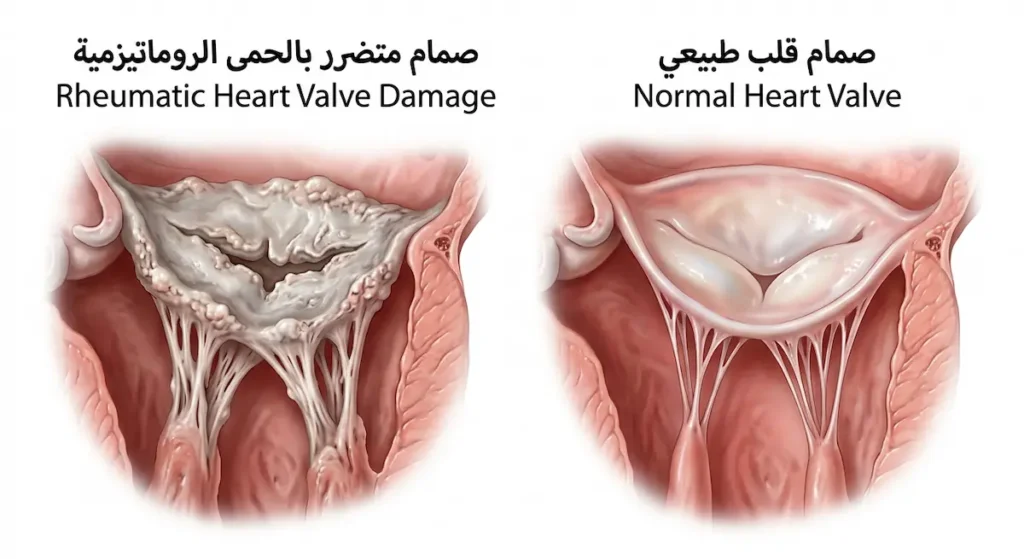 مقارنة بين صمام قلب طبيعي سليم وصمام قلب متضرر نتيجة الحمى الروماتيزمية