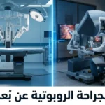 صورة غلاف تُظهر جراحاً يجلس أمام وحدة تحكم روبوتية في مكتبه متصلاً بأذرع روبوتية جراحية في غرفة عمليات بعيدة عبر خط ضوئي رقمي يمثل الاتصال عن بُعد