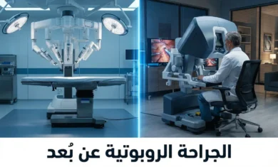 صورة غلاف تُظهر جراحاً يجلس أمام وحدة تحكم روبوتية في مكتبه متصلاً بأذرع روبوتية جراحية في غرفة عمليات بعيدة عبر خط ضوئي رقمي يمثل الاتصال عن بُعد