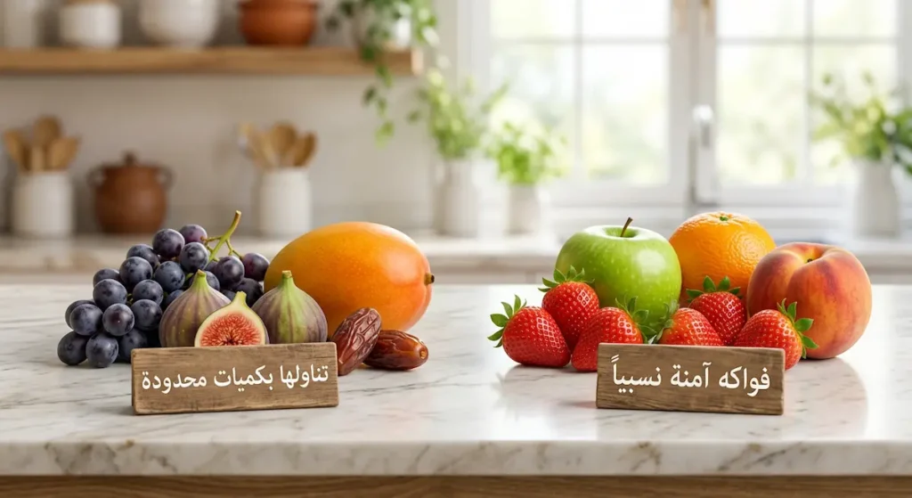 مقارنة بين فواكه آمنة نسبياً لمرضى السكري مثل الفراولة والتفاح الأخضر والبرتقال والخوخ وفواكه يجب تناولها بكميات محدودة مثل العنب والتين والتمر والمانغو