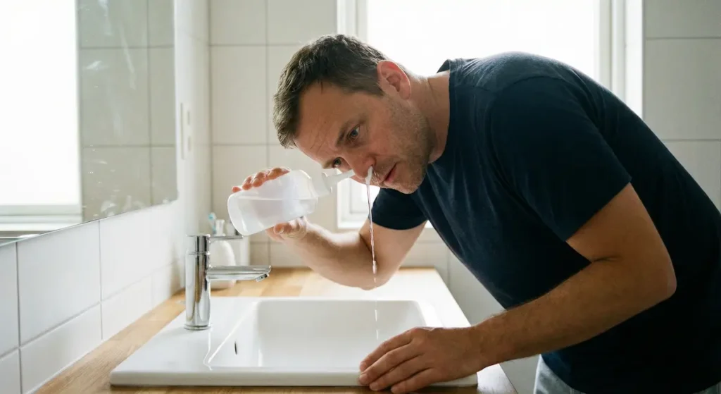  شخص يغسل أنفه بمحلول ملحي باستخدام زجاجة ضغط مع إمالة الرأس بزاوية 45 درجة أمام مغسلة