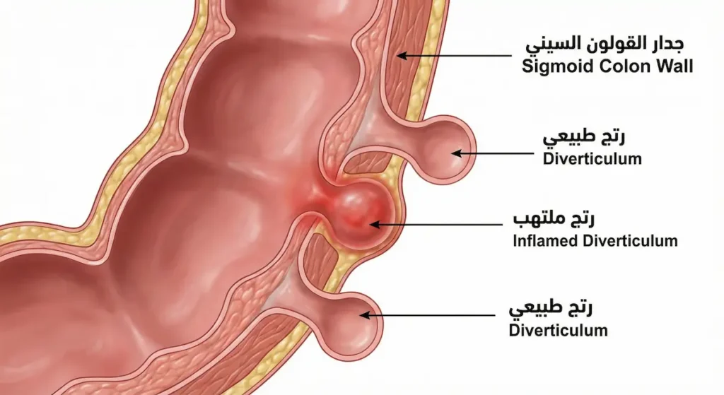 رسم طبي يُظهر مقطعاً من القولون السيني مع رتوج بارزة من جداره أحدها ملتهب ومتورم