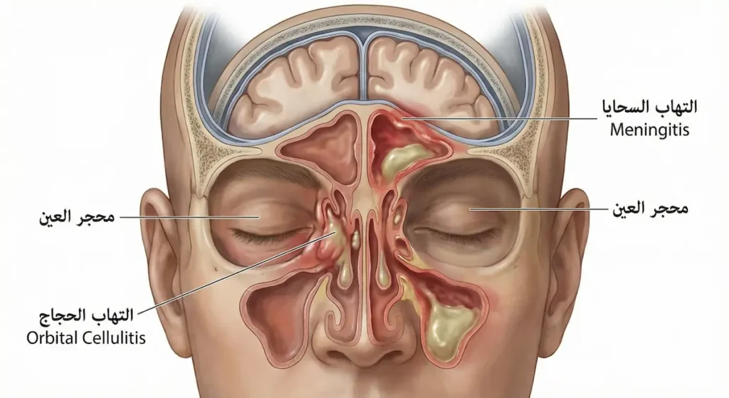  رسم توضيحي تشريحي يُظهر المناطق المجاورة للجيوب الأنفية المعرضة لمضاعفات الالتهاب مثل محجر العين والسحايا