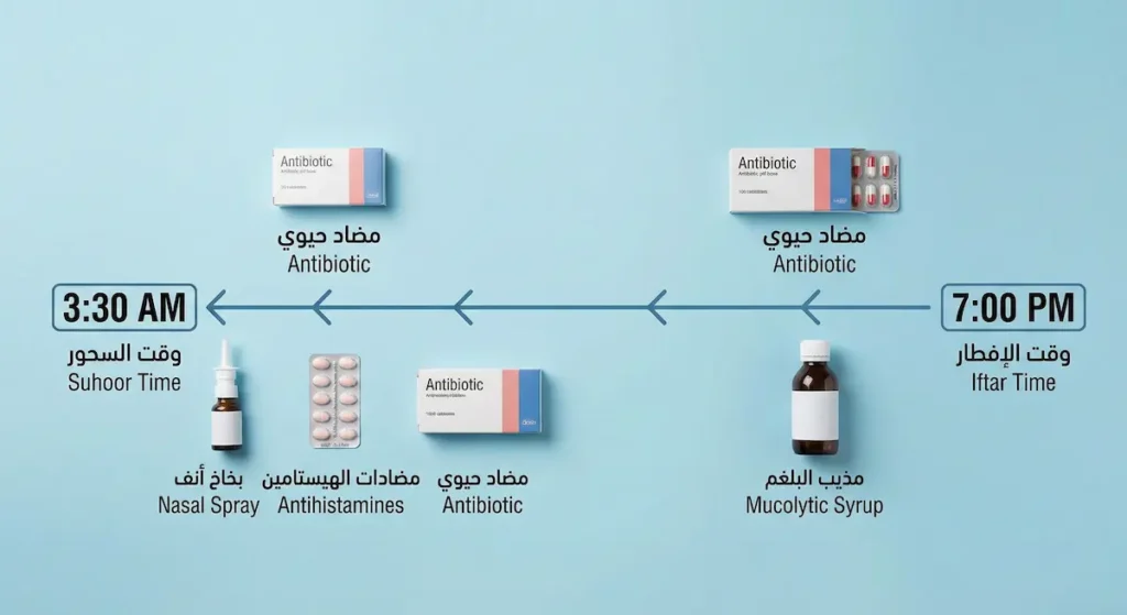  جدول زمني مرئي يوضح أوقات تناول أدوية الجيوب الأنفية بين الإفطار والسحور