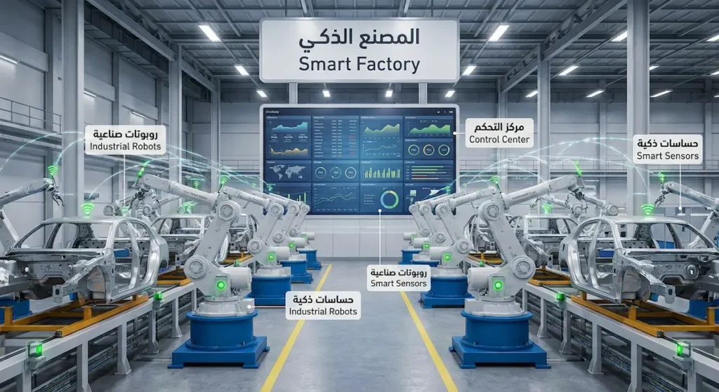 صورة لمصنع ذكي حديث فيه روبوتات وحساسات متصلة بشبكة 5G لاسلكياً