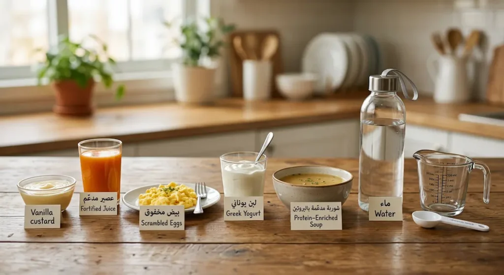 طاولة عليها مجموعة متنوعة من الأطعمة الليّنة والسوائل المغذية تشمل شوربة مدعّمة بالبروتين ولبن يوناني وبيض مخفوق وعصير مدعّم ومهلبية وماء مناسبة لمرضى سرطان الجيب الفكي بعد الجراحة