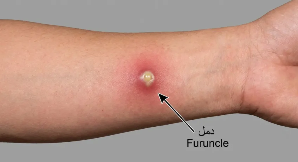 صورة سريرية واقعية لدمل أحمر منتفخ على ذراع بشري مع تجمع صديدي في المركز ناتج عن عدوى بكتيريا المكورات العنقودية الذهبية