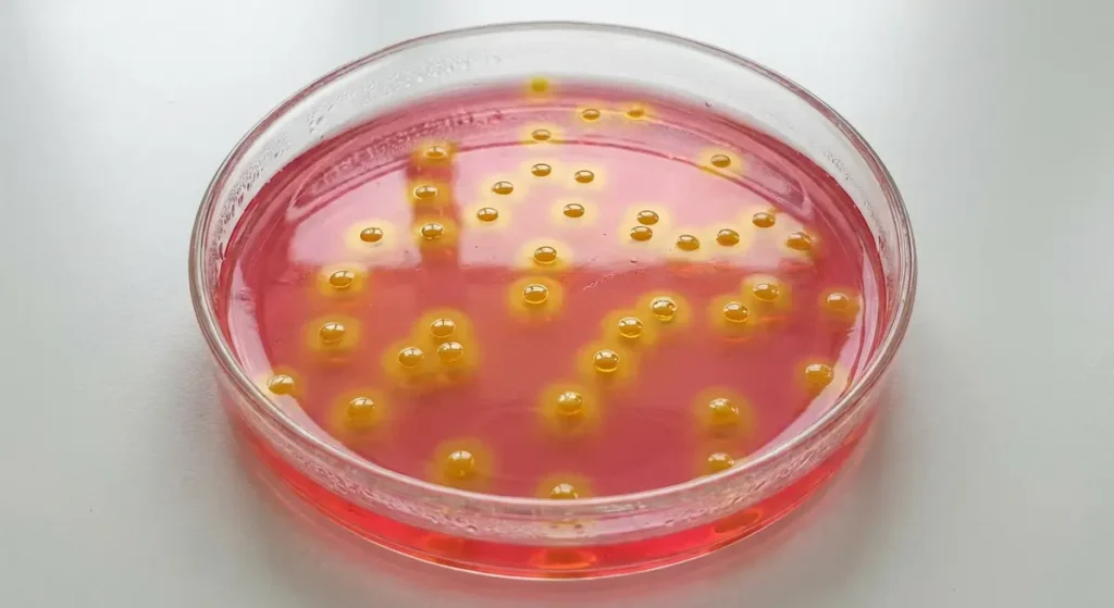 طبق مزرعة بكتيرية يحتوي على وسط مانيتول سولت آغار تظهر عليه مستعمرات المكورات العنقودية الذهبية بلون أصفر ذهبي محاطة بهالات صفراء